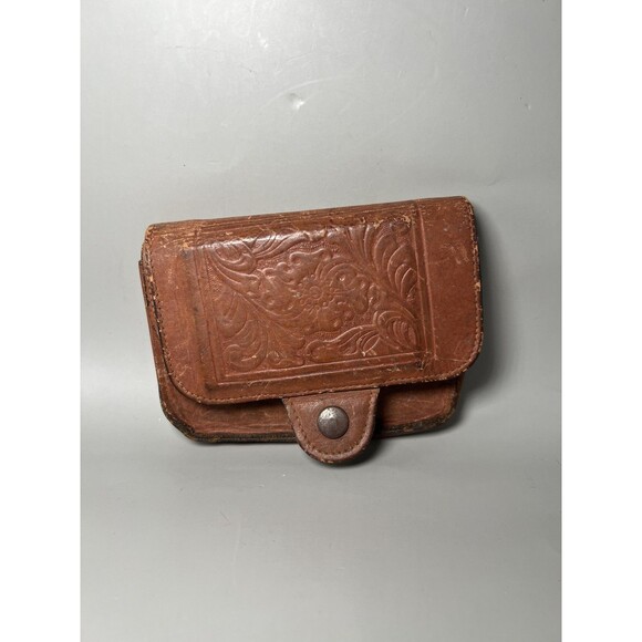 Vintage Tooled Leather Makeup Purse Bag Mirror Top Grain Cowhide Made in Haiti - Picture 1 of 10
